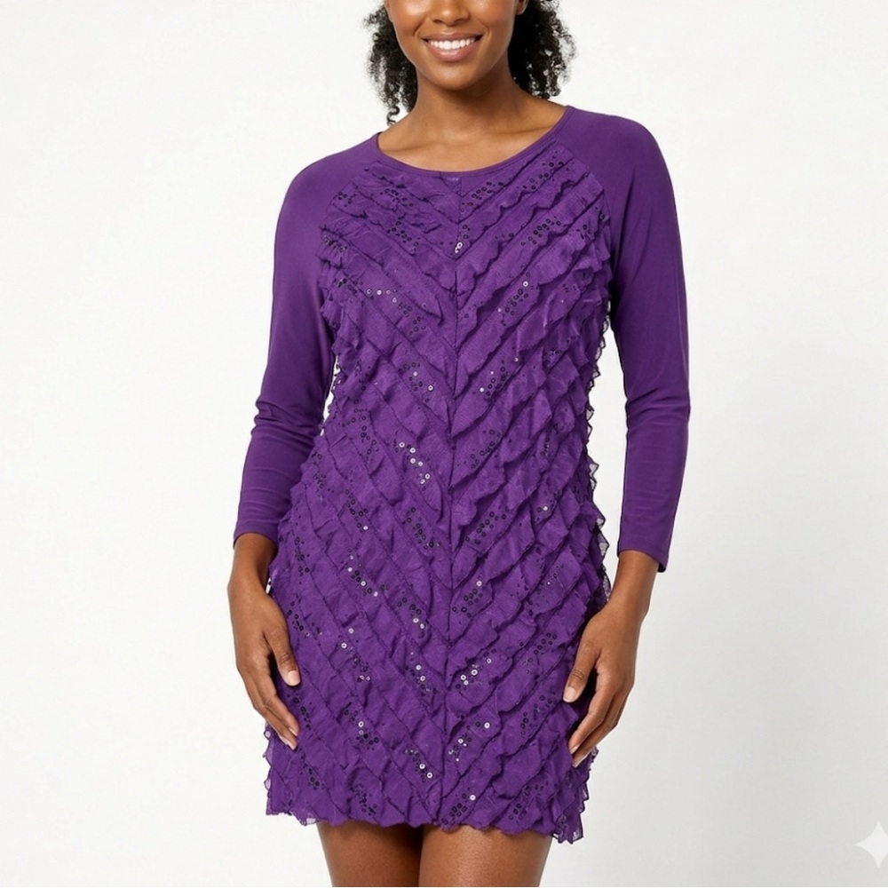 Antthony Women's Purple Ruffled Sequin Detailed Tunic 3/4 Sleeve Top Dress M NWT